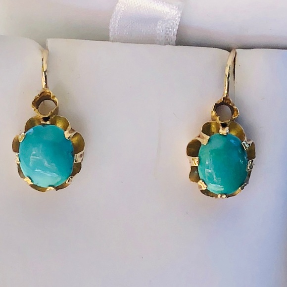 Jewelry Vintage 18k Solid Yellow Gold Turquoise Earrings Poshmark